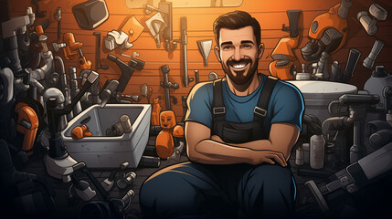 an illustration of a plumber on a monochrome background.