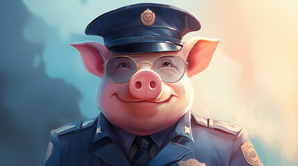 an illustration depicting a cartoon pig of a policeman, a sheriff on a monochrome background.