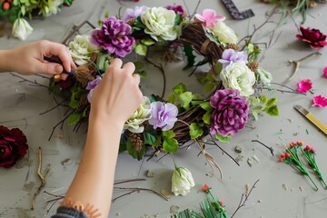 person crafting a wreath with artificial flowers and twigs