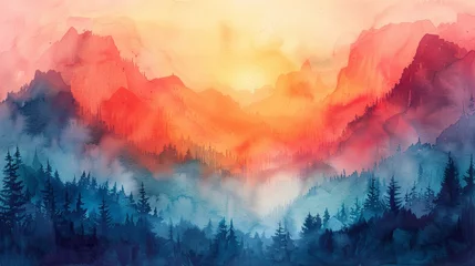 Foto auf Glas Watercolor painting of a mountainous landscape at sunset © iVGraphic