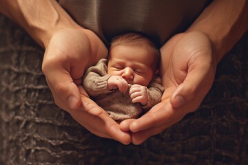 close view of a Newborn baby in the hands of a mother, Mother day concept AI generated