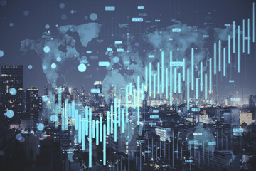 Abstract growing blue forex chart and map hologram on blurry city backdrop. Banking, invest and financial growth concept. Double exposure.