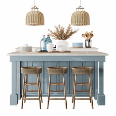 3D Render of a coastal-inspired kitchen island with rattan bar stools and blue accents, on isolated white background, Generative AI