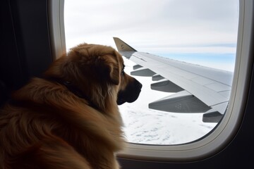 mastiff sitting by window, looking at the wing and sky at cruising altitude - obrazy, fototapety, plakaty