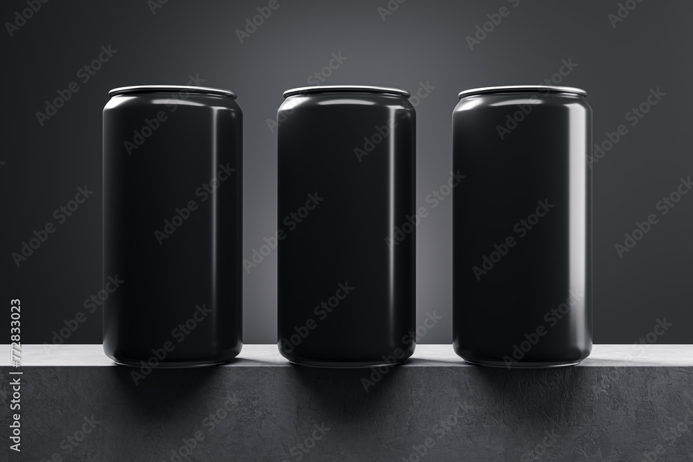 Poster Three empty white drink cans on light background with mock up place. Beverage and food ad concept. 3D Rendering.