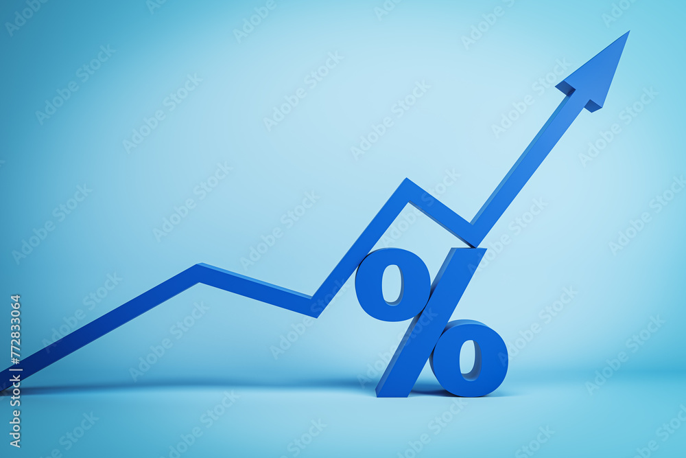 Aufkleber increasing percentage icon on concrete background. blue arrow and percent sign. 3d rendering.
