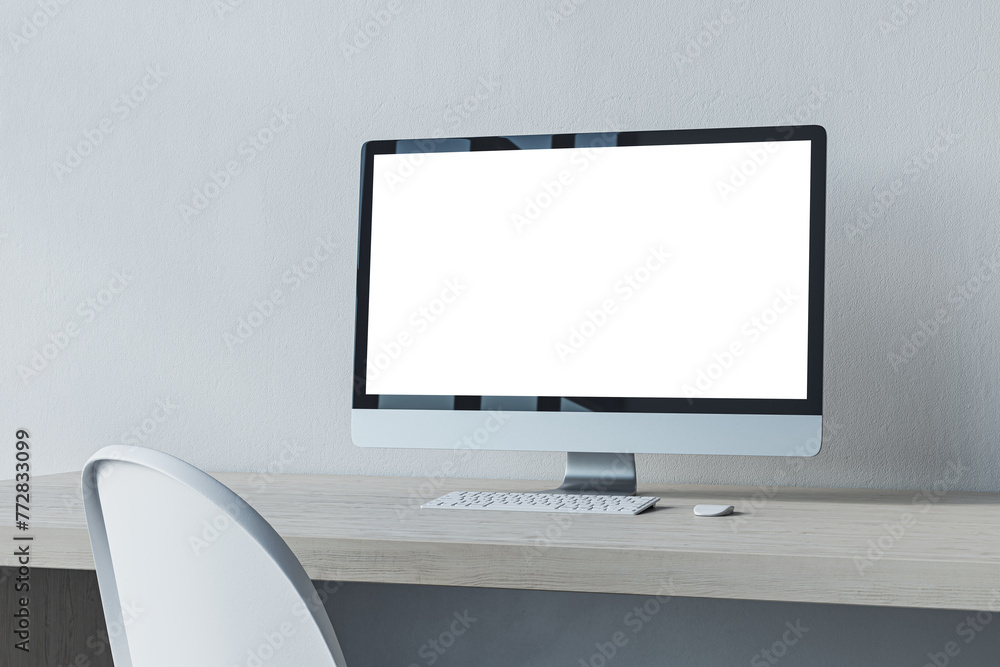 Poster Close up of empty white mock up computer display at modern designer office workplace in interior. Concrete wall background. 3D Rendering.