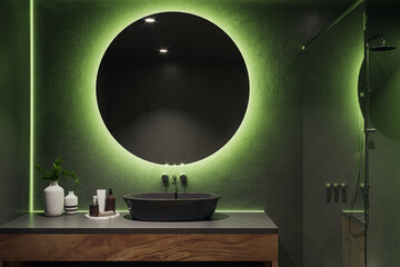 Modern bathroom with LED lighting, round mirror, and wooden elements. Refined style design. 3D Rendering - obrazy, fototapety, plakaty