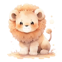 Wandaufkleber A cute lion cub is sitting on the ground with its head tilted to the side. The lion has a big smile on its face and its eyes are wide open. The scene is playful and lighthearted © Wonderful Studio