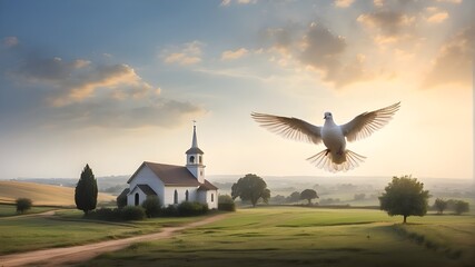 A dove soars over a rural area, with a little church visible in the distance.