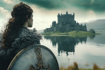 female knight gazing at castle across lake, shield at her side - obrazy, fototapety, plakaty