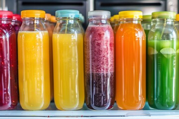 closeup of various fruit juices arranged in a refrigerator
