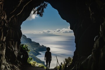 person silhouetted against ocean view from cave entrance - obrazy, fototapety, plakaty