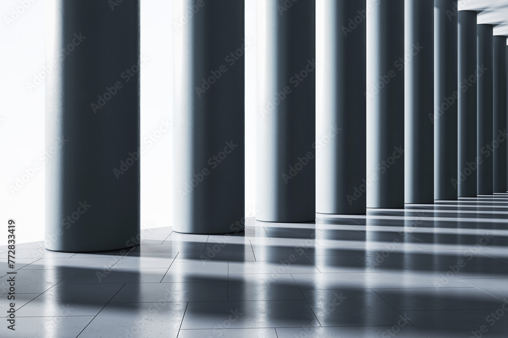 Aufkleber modern interior with pillars casting shadows on a clean, tiled floor, showing a simplistic yet futur
