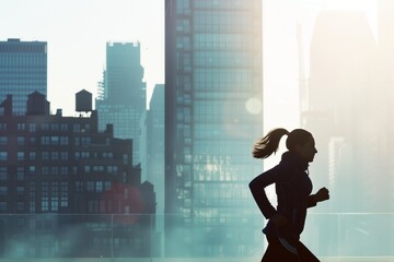 jogger with ponytail running through cityscape - obrazy, fototapety, plakaty