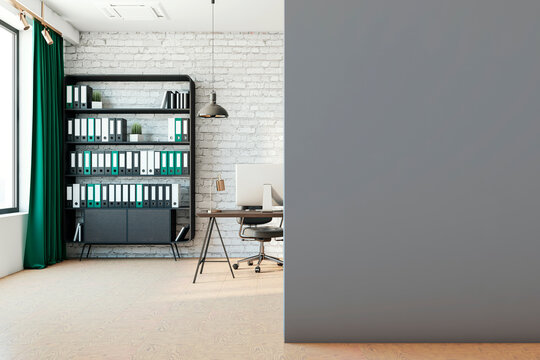 Modern home office interior with a desk, computer, and bookshelf on a brick wall background, concept of an organized workspace. 3D Rendering