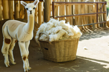 Fototapeta premium alpaca standing next to a full basket of alpaca fleece