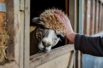 Fototapeta premium alpaca head poking out of a stable window, person petting it
