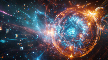 Obraz premium Vivid Cosmic Scene with Swirling Galaxies and Space Debris in Vibrant Colors