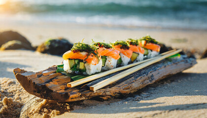 Sushi served on a driftwood platter with seaweed wrapped chopsticks on the beach - obrazy, fototapety, plakaty