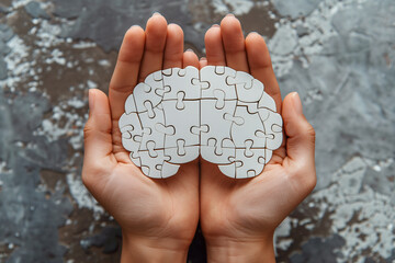 Hands holding brain puzzle cutout, symbolizing mental health awareness,
