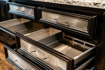 closeup of empty pantry drawers and organizers - obrazy, fototapety, plakaty