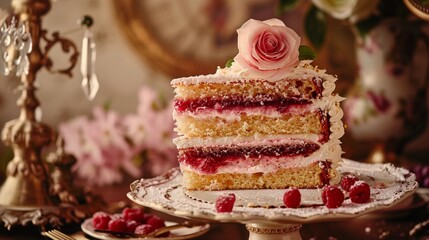 A mouthwatering slice of Swedish princess cake, layers of sponge cake, raspberry jam, whipped cream, and marzipan, delicately decorated with a rose on top, served on a vintage porcelain cake stand.