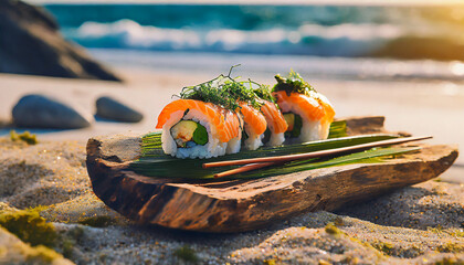 Sushi served on a driftwood platter with seaweed wrapped chopsticks on the beach
