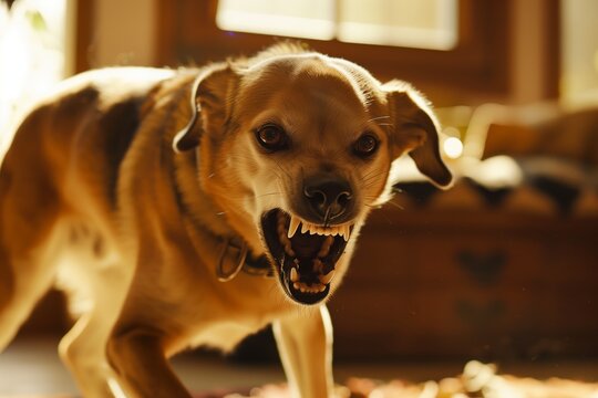 growling dog with raised hackles indoors