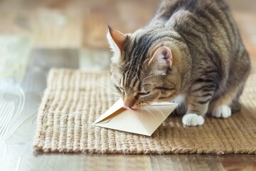 curious cat sniffing an envelope on a small mat - obrazy, fototapety, plakaty