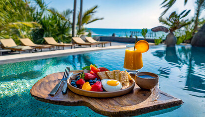 Fototapeta na wymiar floating healthy breakfast in the swimming pool at a luxurious tropical resort