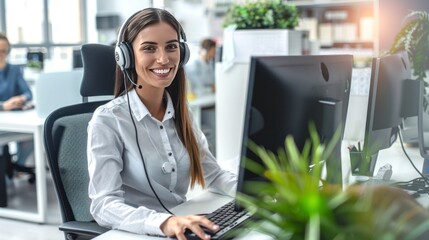 smiling call center operator wearing headset in front of computer