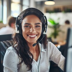 smiling call center operator wearing headset in front of computer