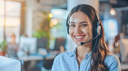smiling call center operator wearing headset in front of computer