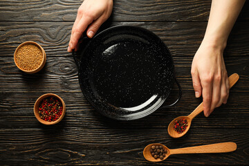 A pan for cooking on the table, with ingredients.
