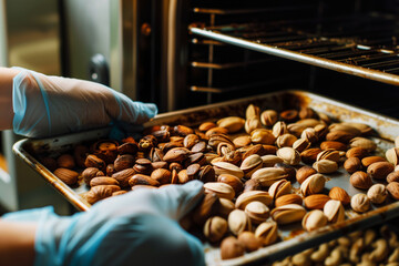 gloved hands pulling a tray of roasted nuts from an oven