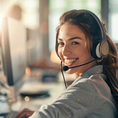 smiling call center operator wearing headset in front of computer