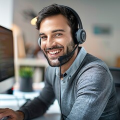 smiling call center operator wearing headset in front of computer