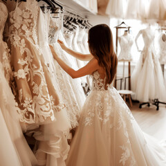 Girl wearing the bridal dress looking for y a wedding dress in the luxury salon - 772834649