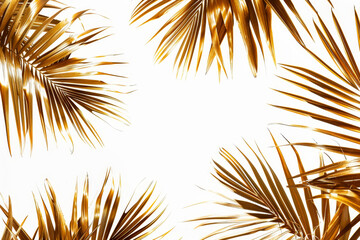 Golden palm leaves mostera around copyspace on white background. - 772834668