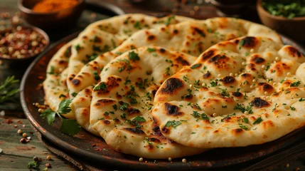 Fotobehang Indian naan bread with herbs, garlic seasoning on plate © fotogurmespb
