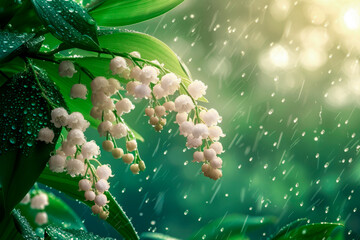 Lily of the valley the nature with raining and sunshine background. Spring concept, copy space - 772834695