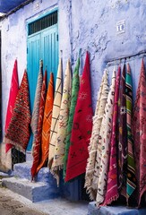 colourful carpets on the wall in the historic blue city of Chefchaouen in northern Morocco