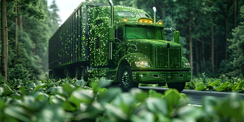 Eco friendly transportation concept with Green truck made green grass.  generative ai  - obrazy, fototapety, plakaty