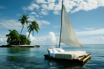 bed with sail attached, floating past palmcovered islet - obrazy, fototapety, plakaty