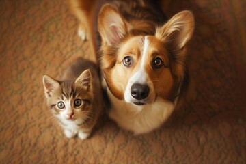 dog and kitten side by side, looking up at the camera