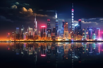 Skyscrapers illuminated by countless lights, Stunning night view of night City's skyline, and the iconic Building standing tall Photography, Ai generated