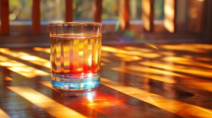 Glass of water on a wooden table with sunlight