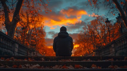 Man sitting on bench under fiery sunset sky
