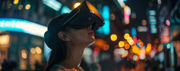 Obraz premium Woman experiencing virtual reality on city street at night